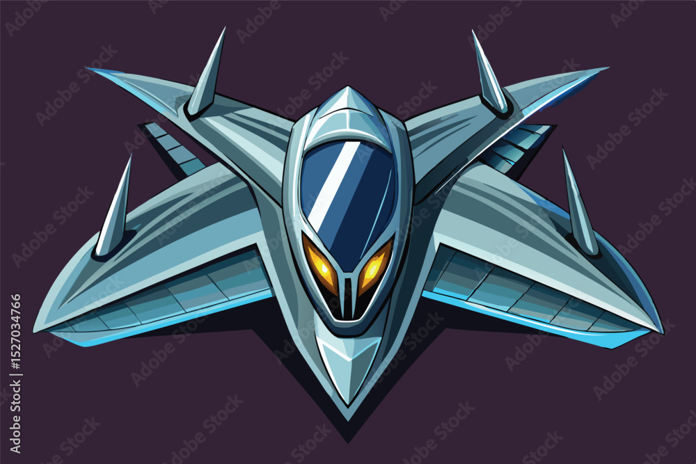 Aufkleber silver fighter jet with wing spikes soaring in space, ready for action in the evening, futuristic sp
