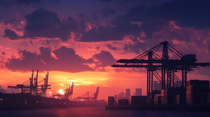 Obraz premium A panoramic view of a busy seaport with container cranes silhouetted against a dramatic sunset sky, containers lined up along the quay