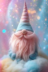 Pastel Unicorn Gnome / Gonk with Fluffy Pink Beard - Whimsical Fantasy Art