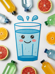 Cute Smiling Water Glass Surrounded by Fruits and Bottles &ndash; Healthy Hydration Concept