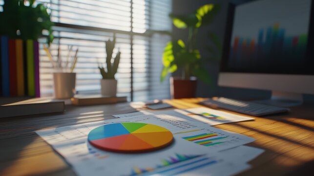 A rotating 3D rendering of a pie chart hovering above a desk alongside printed financial data sheets