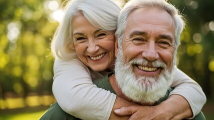 Couple enjoying a joyful moment together outdoors in a sunny park, sharing laughter and love during their golden years