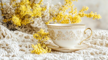 Delicate cream-colored teacup and saucer with gold detailing on a knitted blanket, alongside yellow flowers.
