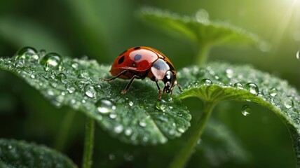 Obraz premium Ladybug on dewy green leaf