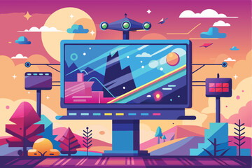 Vector illustration of a colorful futuristic city billboard advertisement during the daytime with trees, hills, clouds, and stars
