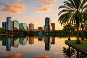 Obraz premium Golden Hour Reflection Of Orlando Skyline On Calm Lake With Palm Trees Silhouetted In Foreground