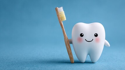 Toothbrush Buddy: A smiling tooth and wooden toothbrush pose together against a blue backdrop promoting healthy dental care.