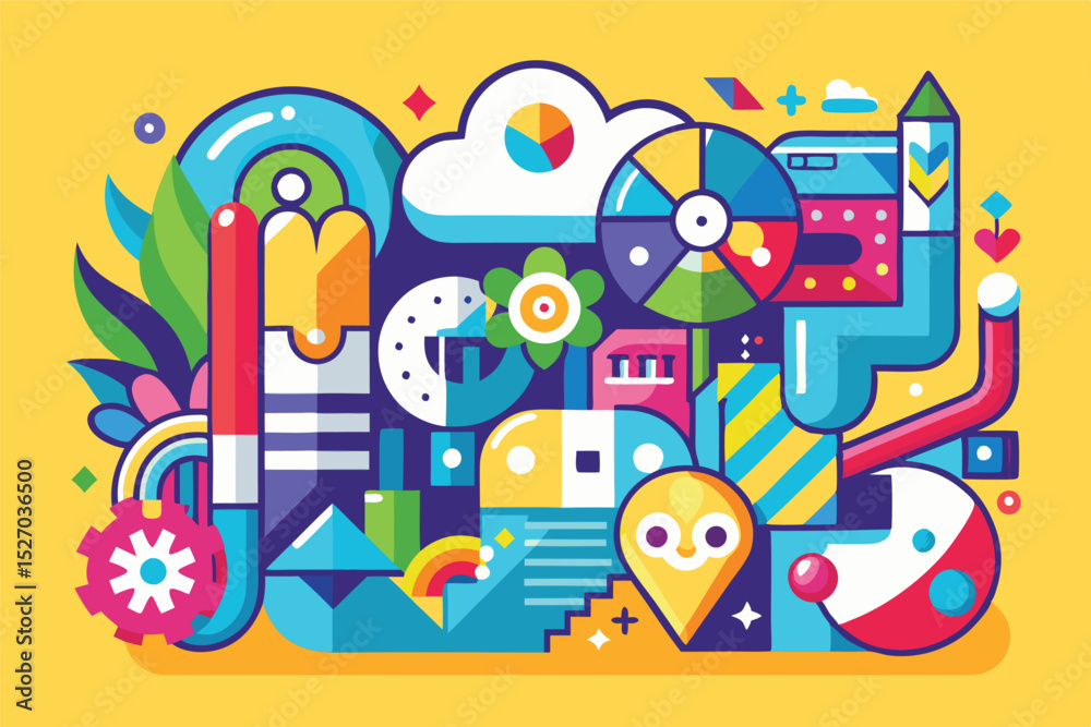 Aufkleber bright vector illustration of abstract colorful geometric shapes and objects in a whimsical composit