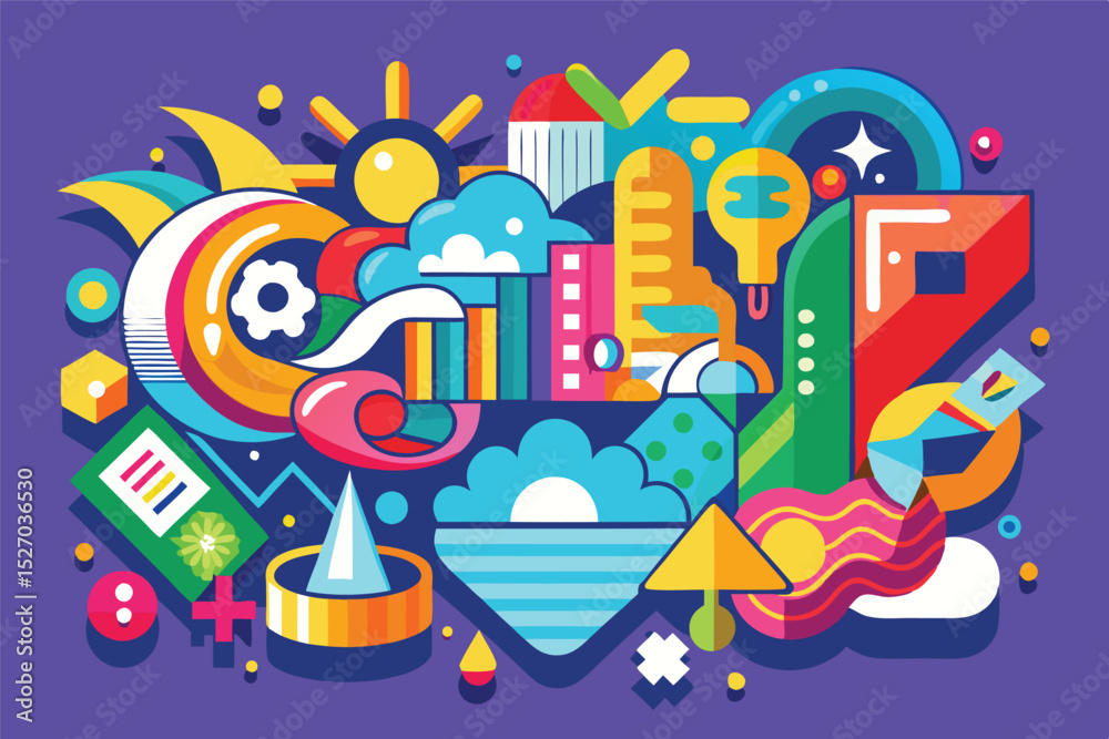 Aufkleber Bright vector illustration of abstract colorful geometric shapes and objects in a whimsical composition, great for decoration and modern designs