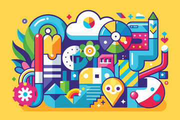 Bright vector illustration of abstract colorful geometric shapes and objects in a whimsical composition, great for decoration and modern designs