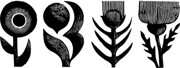 Folk art style botanical woodcut illustration with rustic texture