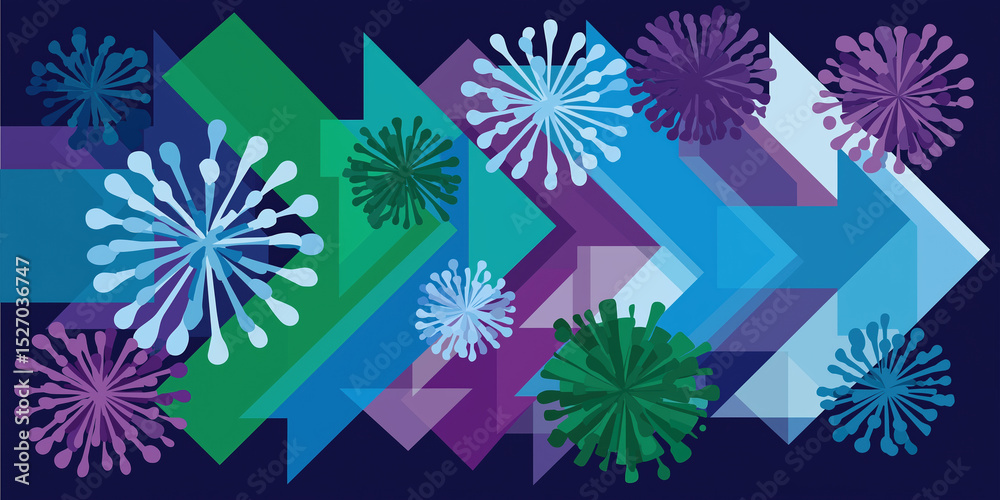 Poster abstract design of arrows and shapes with colorful elements and a dark background