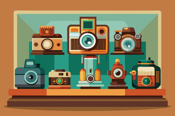 Shelf of retro cameras in various shapes and colors, neatly arranged, vintage equipment, nostalgia, vector style illustration for collectors