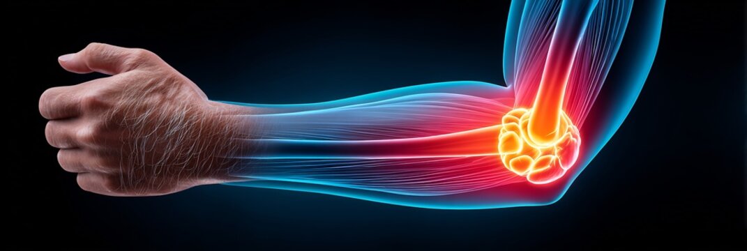 60 year old male golfer undergoing ultrasound therapy on his elbow with a watercolor cutaway showing a glowing depiction of tendon healing in the lateral epicondyle