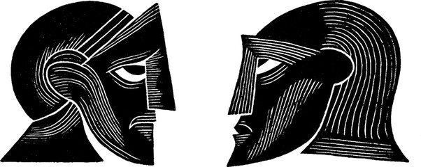 Folk art woodcut illustration featuring symmetrical faces with textured lines