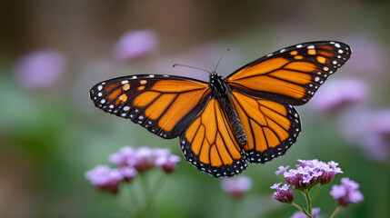 Naklejka premium Monarch butterfly resting on pink flowers in a vibrant garden setting