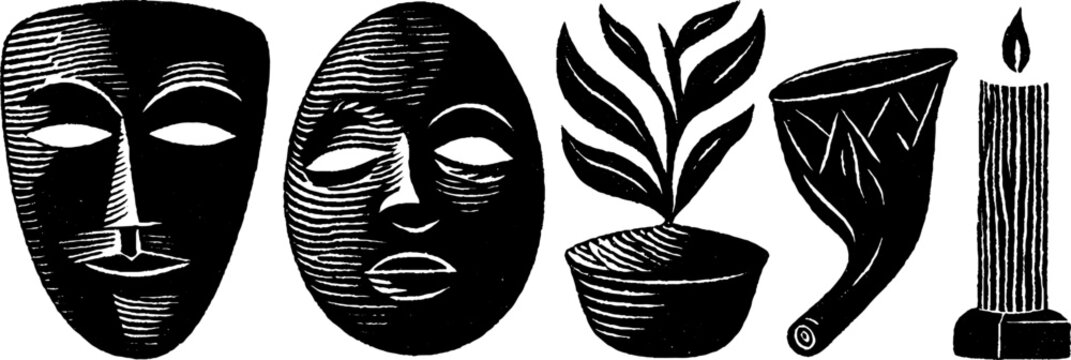 Festive neo folk art style illustration set with masks and candle design