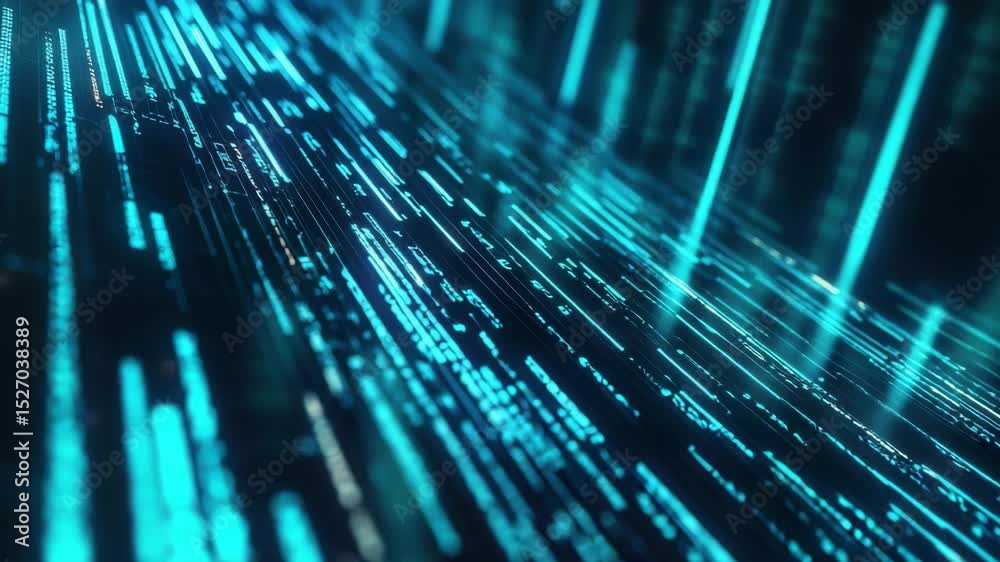 Poster A dynamic video abstract background featuring glowing blue and green programming code flowing across a dark digital surface.