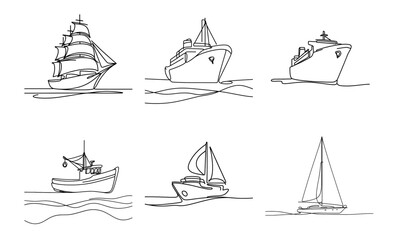 Line drawing collage of transportation featuring various boats on water  
