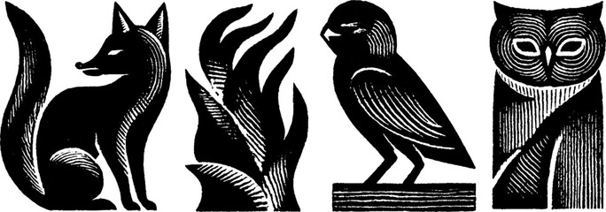 Neo folk art style illustrations of spirit animals featuring fox owl and bird