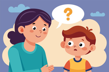 Woman explains with question in speech bubble as little boy listens with a curious expression, mother or teacher helps child learn