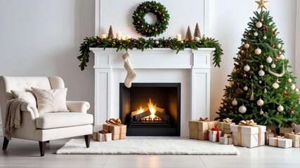 Festive holiday living room with decorated Christmas tree, fireplace, and gift boxes in a cozy modern home interior for seasonal celebration - Powered by Adobe