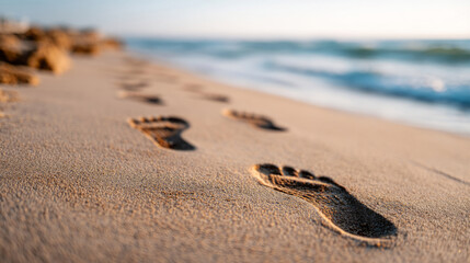 Serene footprints leading to ocean waves on a sandy beach
