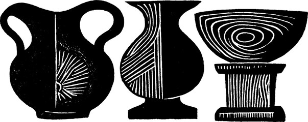 Neo folk art woodcut print featuring ceramic vases with geometric patterns