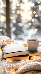 Obraz premium Cozy winter atmosphere with fairy lights and hot drink for relaxation