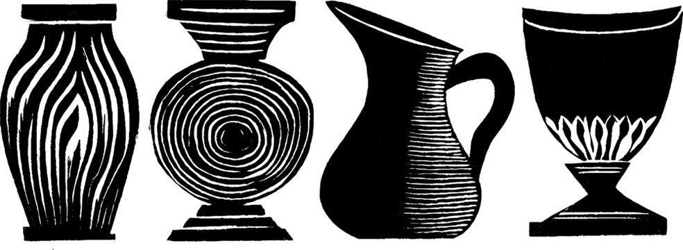 Neo folk art style woodcut: collection of decorative vases and jugs for vintage designs