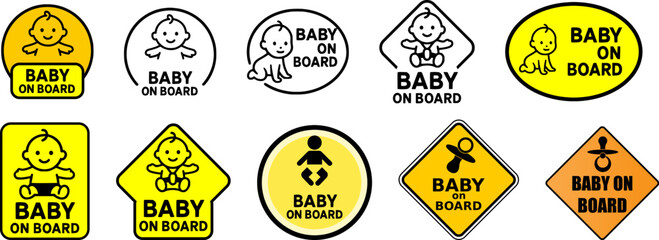 Baby on Board Sign Vector Set – Cute and Bold Yellow Car Safety Stickers with Baby Icons, Pacifiers and Warning Labels – Infant on Board Designs for Vehicle Use