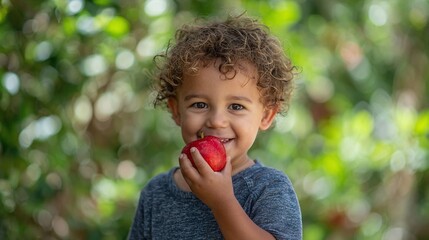 Joyful child eats a red apple outdoors, smiling with curly hair and bright eyes, healthy snack. Natural background, soft light, playful moment.