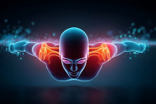Female swimmer performing the butterfly stroke with an overlay depicting swimmer's shoulder impingement syndrome in the right shoulder the inflamed area glowing red