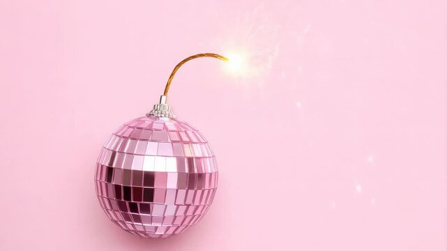 Pink disco ball resembling bomb, fuse glowing, sparks flying, minimalist pastel studio background, symbolizing explosive fun and retro parties