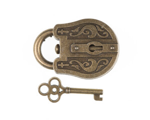 vintage copper padlock isolated on white background	