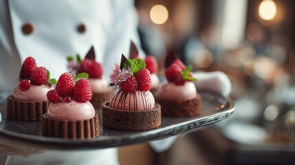 Raspberry Tartlets: Delicate pastries with fresh raspberries. A delightful treat, perfect for elegant dessert presentation. Berry desserts are a delightful treat.