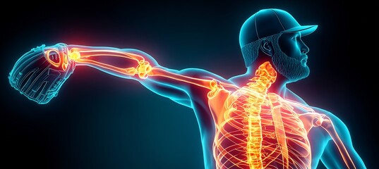 Male baseball pitcher mid throw with an X ray effect showing a rotator cuff tear in the right shoulder the torn tendon area illuminated in red