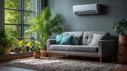 Cozy living room with gray sofa, plants, and air conditioner creating a calming atmosphere. Natural light floods the space.