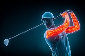 Male golfer mid swing with an X ray overlay indicating golfer's elbow medial epicondylitis in the right arm the affected tendon highlighted in red