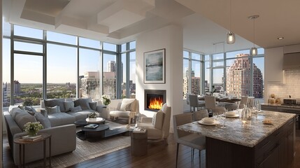 Luxurious high-rise living with stunning city views, a cozy fireplace, and elegant interior design. Modern comfort meets urban sophistication.