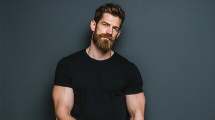 Portrait of a bearded man in a black shirt with a thoughtful expression. The dark background highlights his fair complexion and athletic build.