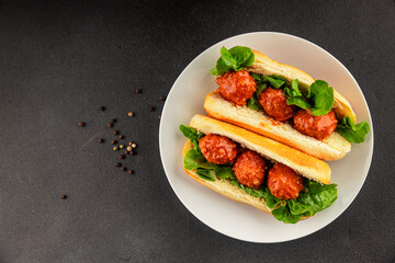Meatball sandwich fast food meat dish fresh delicious gourmet food background on the table rustic food top view copy space