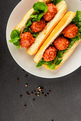 Meatball sandwich fast food meat dish fresh delicious gourmet food background on the table rustic food top view copy space