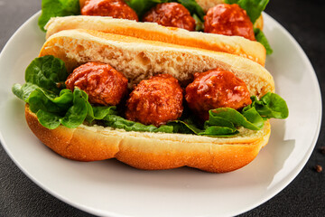 Meatball sandwich fast food meat dish fresh delicious gourmet food background on the table rustic food top view copy space