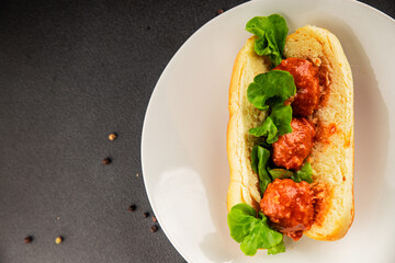 Meatball sandwich fast food meat dish fresh delicious gourmet food background on the table rustic food top view copy space