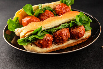 Meatball sandwich fast food meat dish fresh delicious gourmet food background on the table rustic food top view copy space