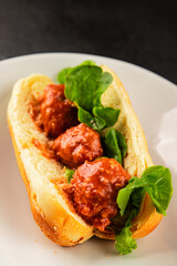 Meatball sandwich fast food meat dish fresh delicious gourmet food background on the table rustic food top view copy space