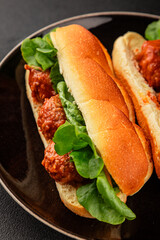 Meatball sandwich fast food meat dish fresh delicious gourmet food background on the table rustic food top view copy space