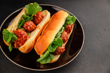 Meatball sandwich fast food meat dish fresh delicious gourmet food background on the table rustic food top view copy space