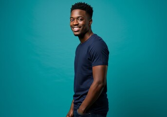 Fototapeta premium Portrait of a Smiling Young Black Man Against a Teal Background